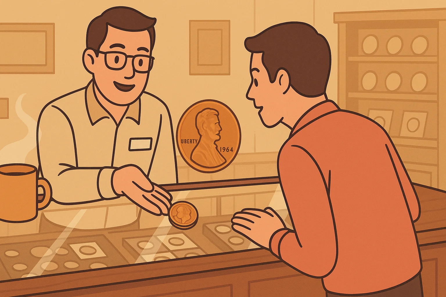 A customer and a seller chat in a numismatist's shop.