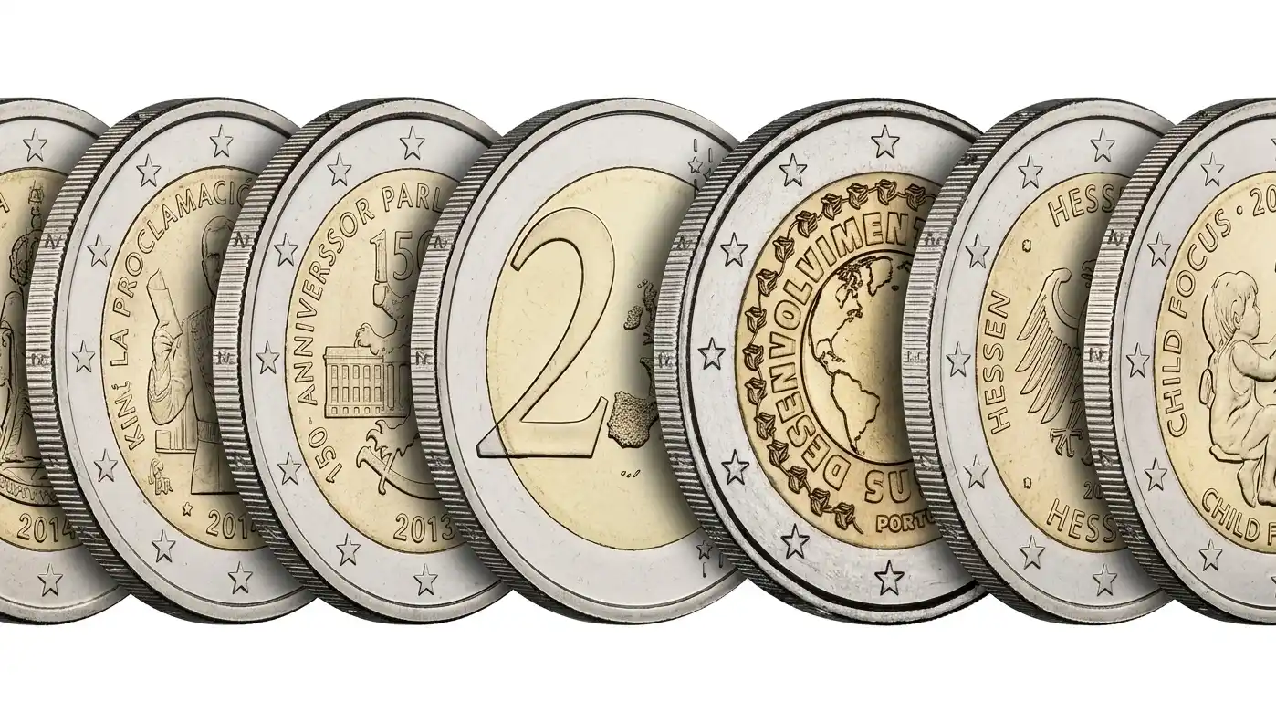 moedas valiosas de 2€ alinhadas horizontalmente