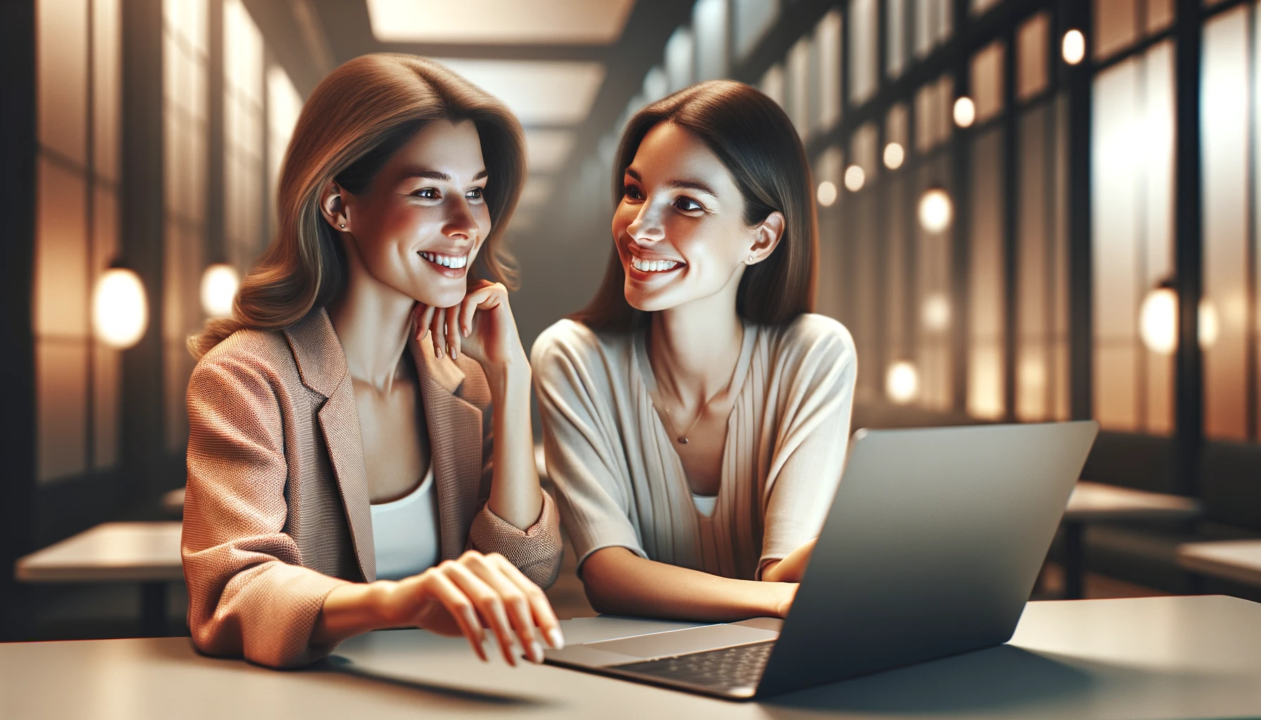 Two women are smiling and chatting with each other, and there is a laptop in front of them