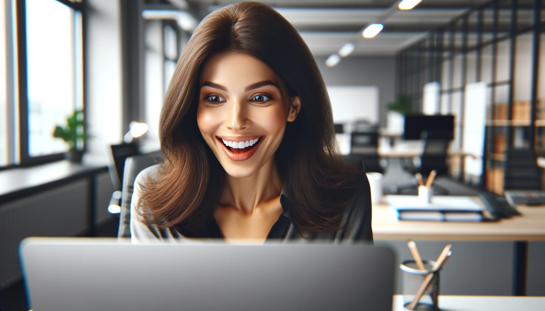 pretty woman smiling in surprise while sitting at her laptop in the office