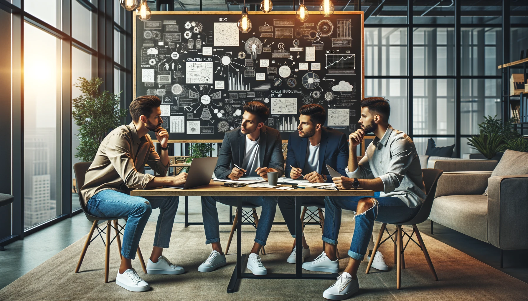three young creative businessmen gathered in a modern office environment