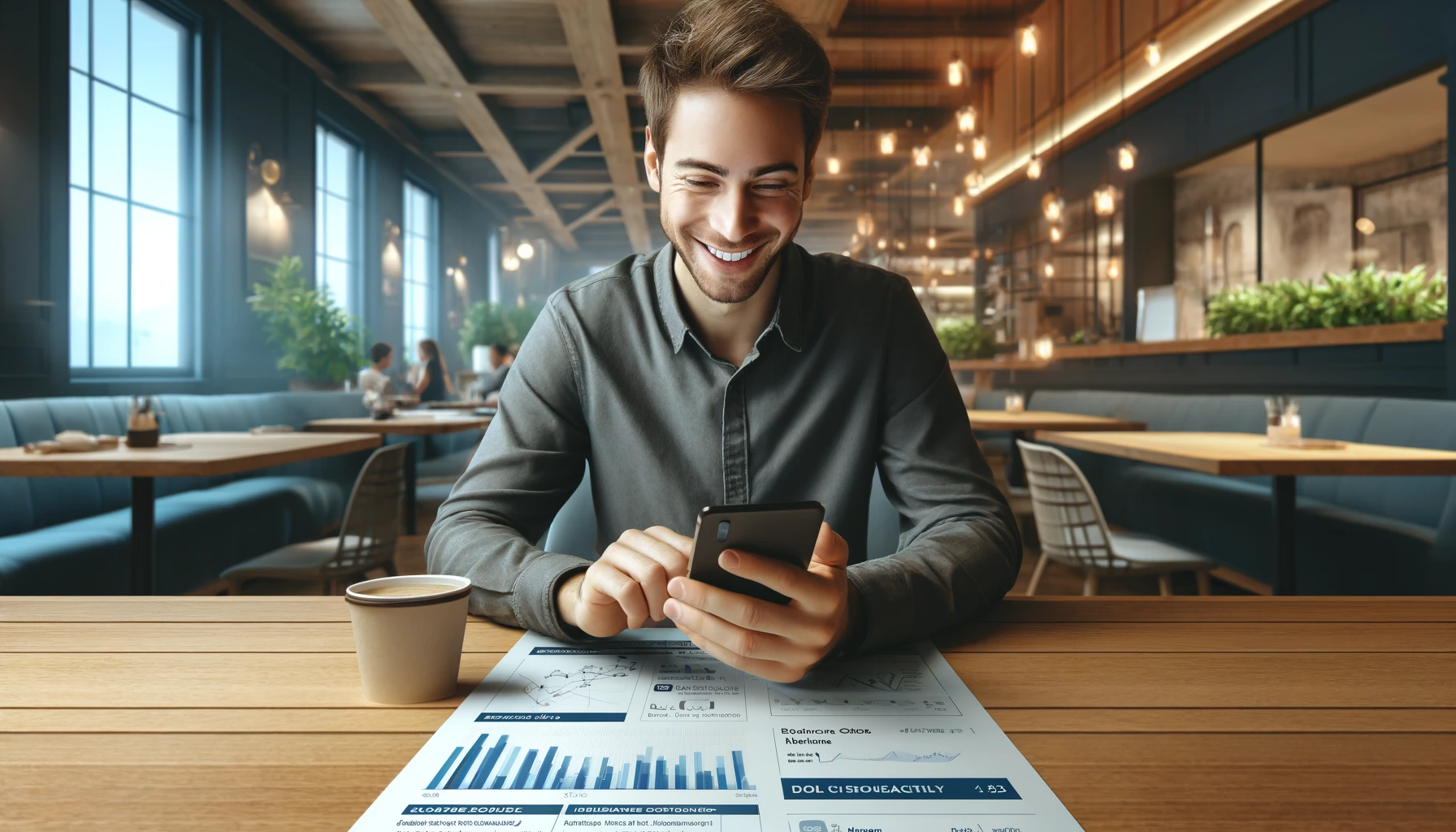 a young man in a cafe using the smartphone. The table in front of him features several notes with detailed graphics and analytics. 