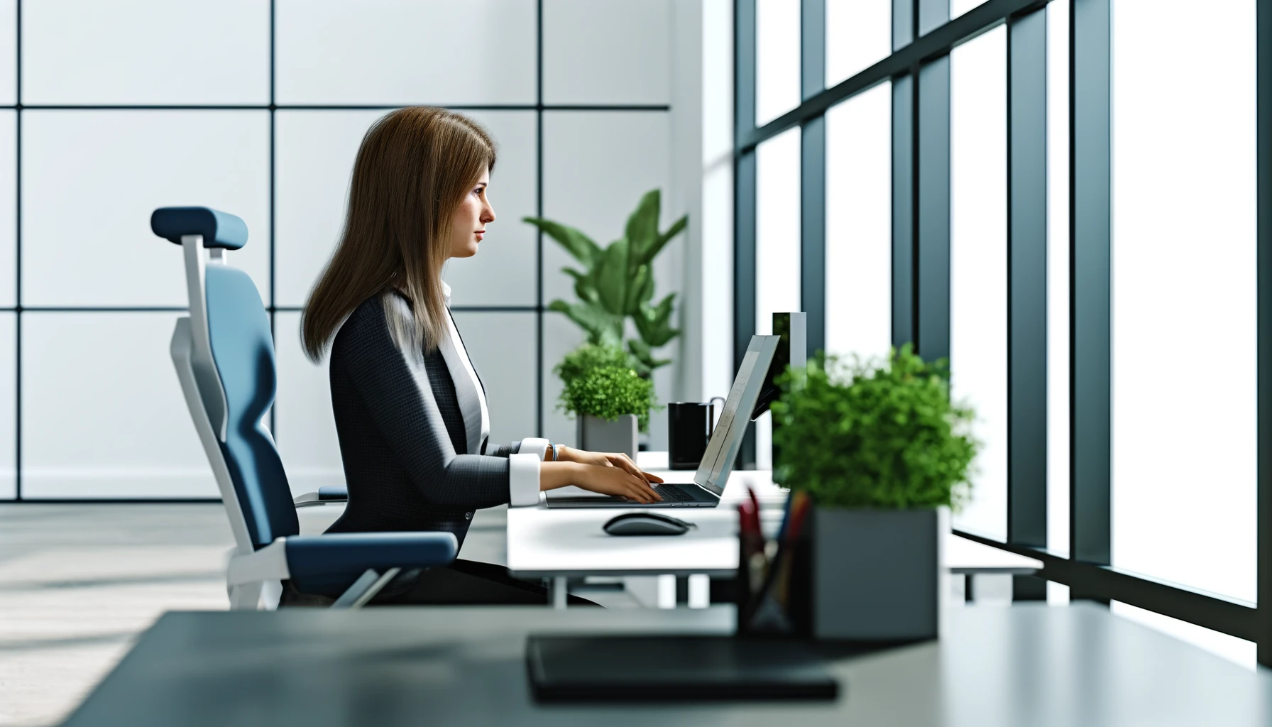 a woman working on her computer in a modern office setting.