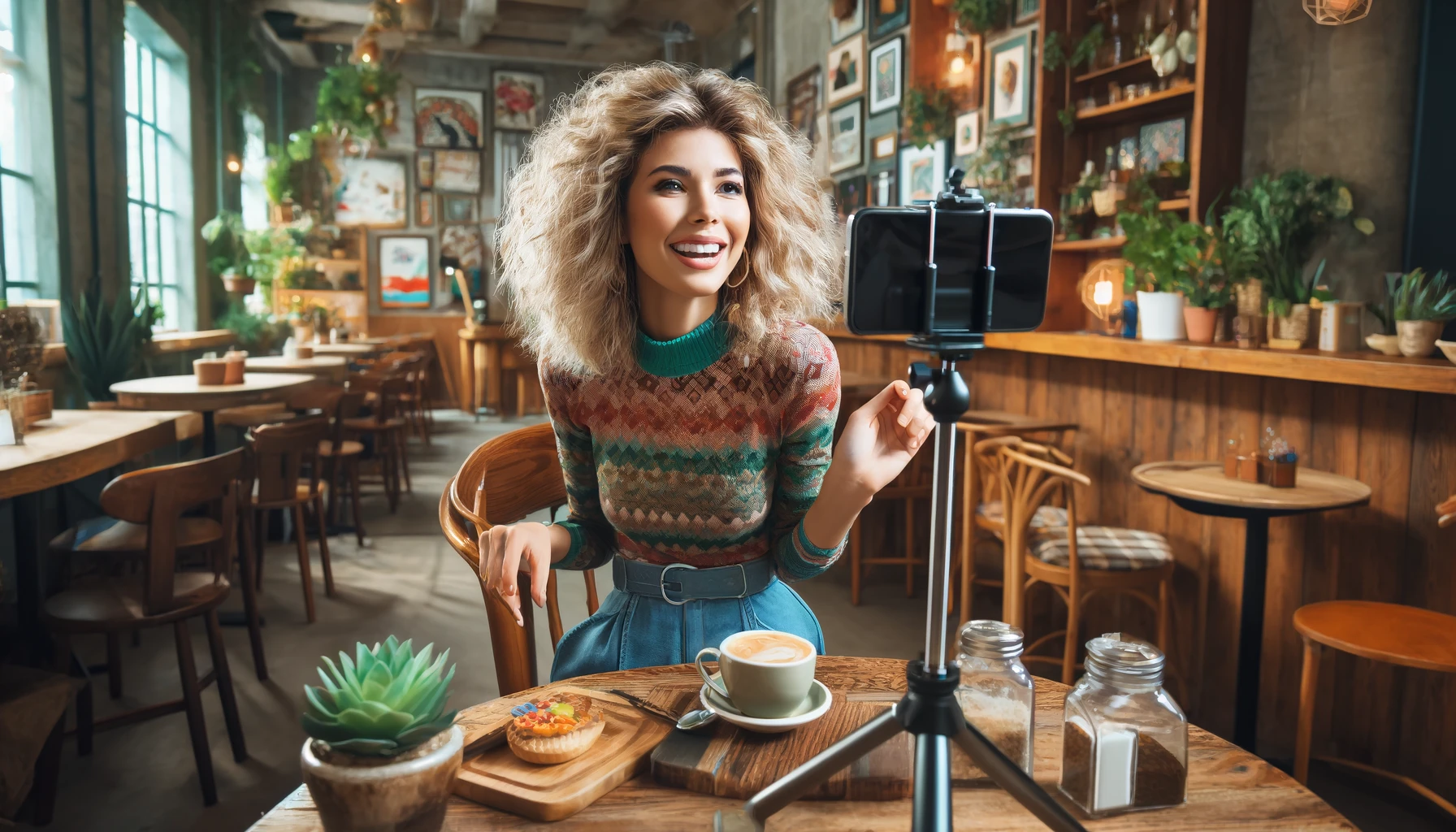 a female blogger recording a video of herself in a cozy cafe setting. She has curly blonde hair and is wearing a trendy, colorful outfit.