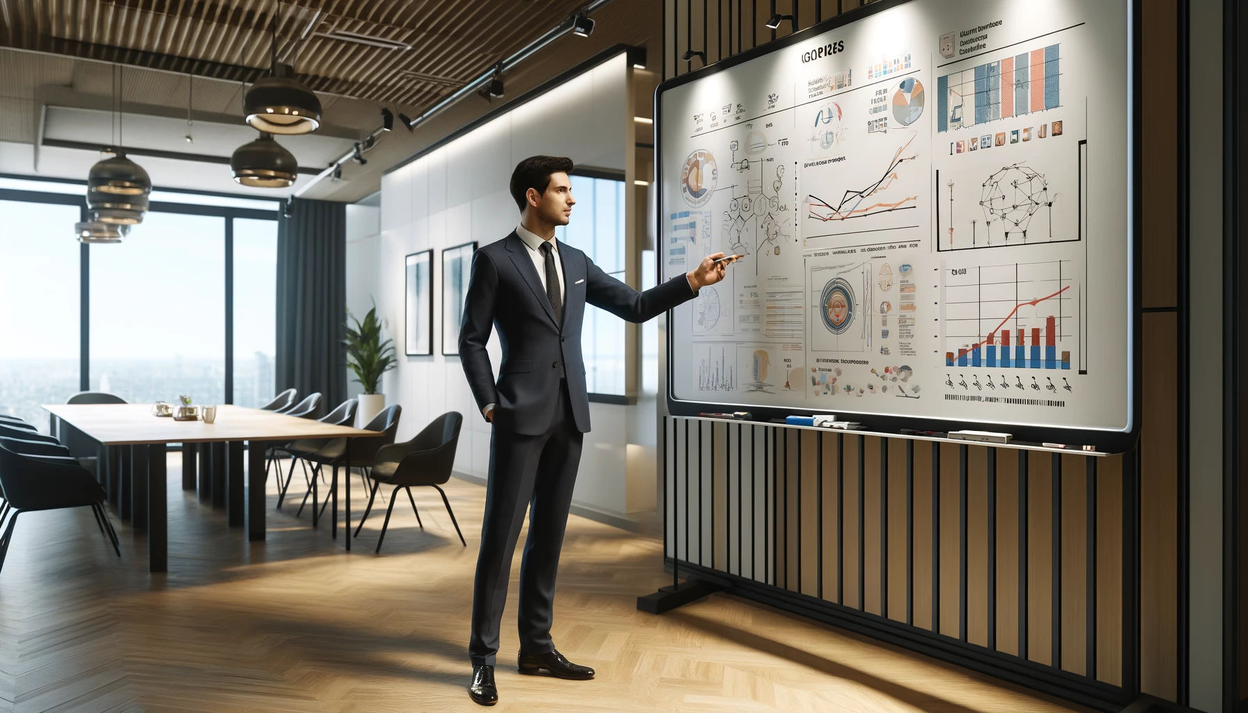 a man presenting graphics on a whiteboard in a modern meeting room.