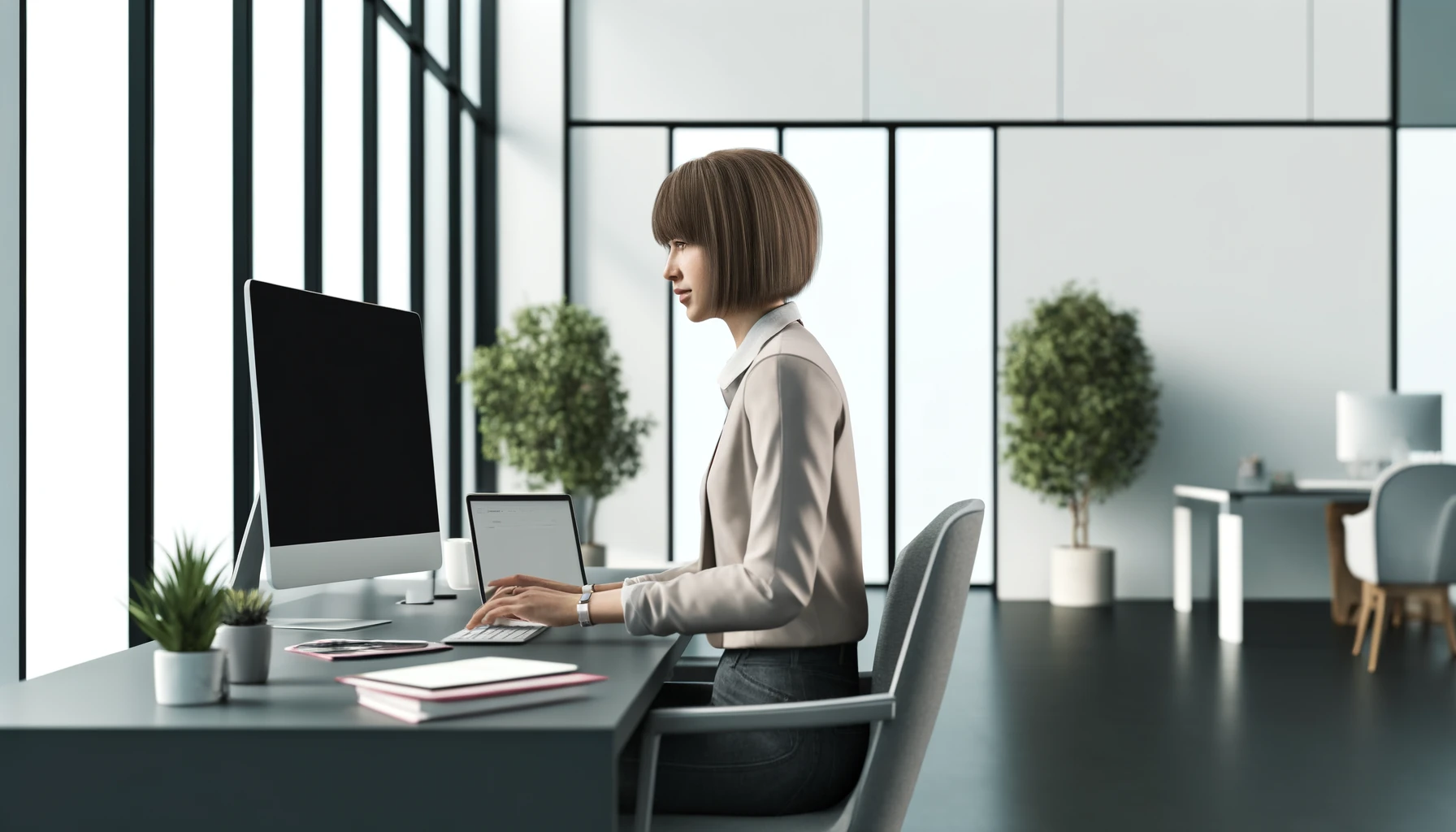 a woman working on her computer in a modern office setting.