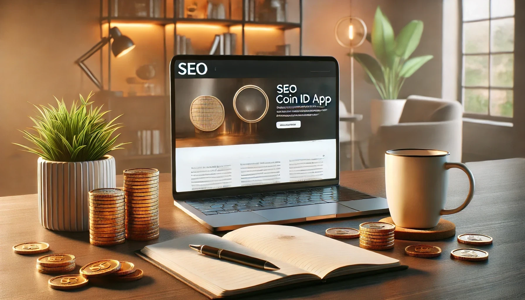 A sleek modern desk setup with a laptop displaying a blog page titled “SEO. Coin ID App