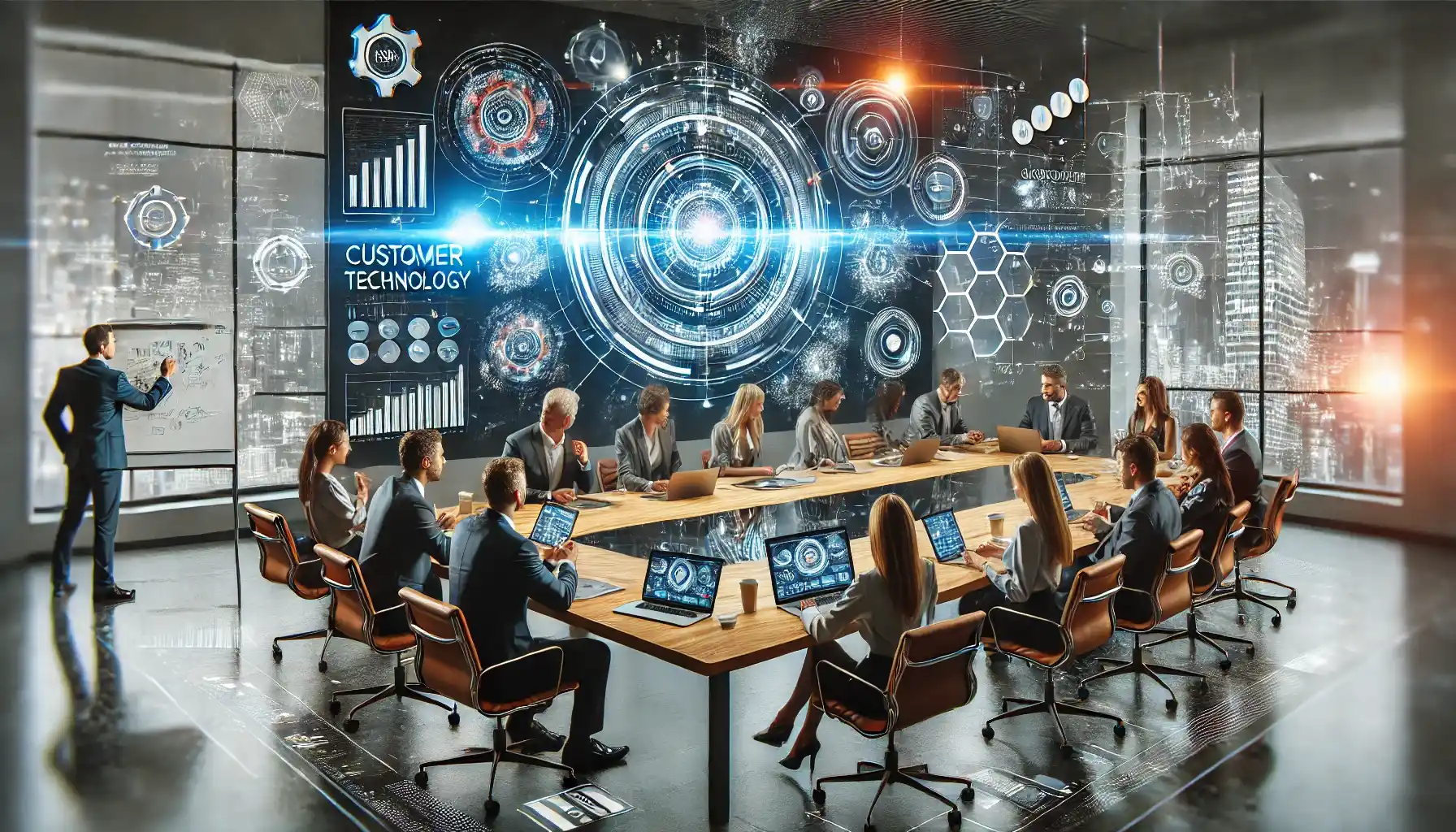 a brainstorming session focused on marketing technology in a modern conference room. 