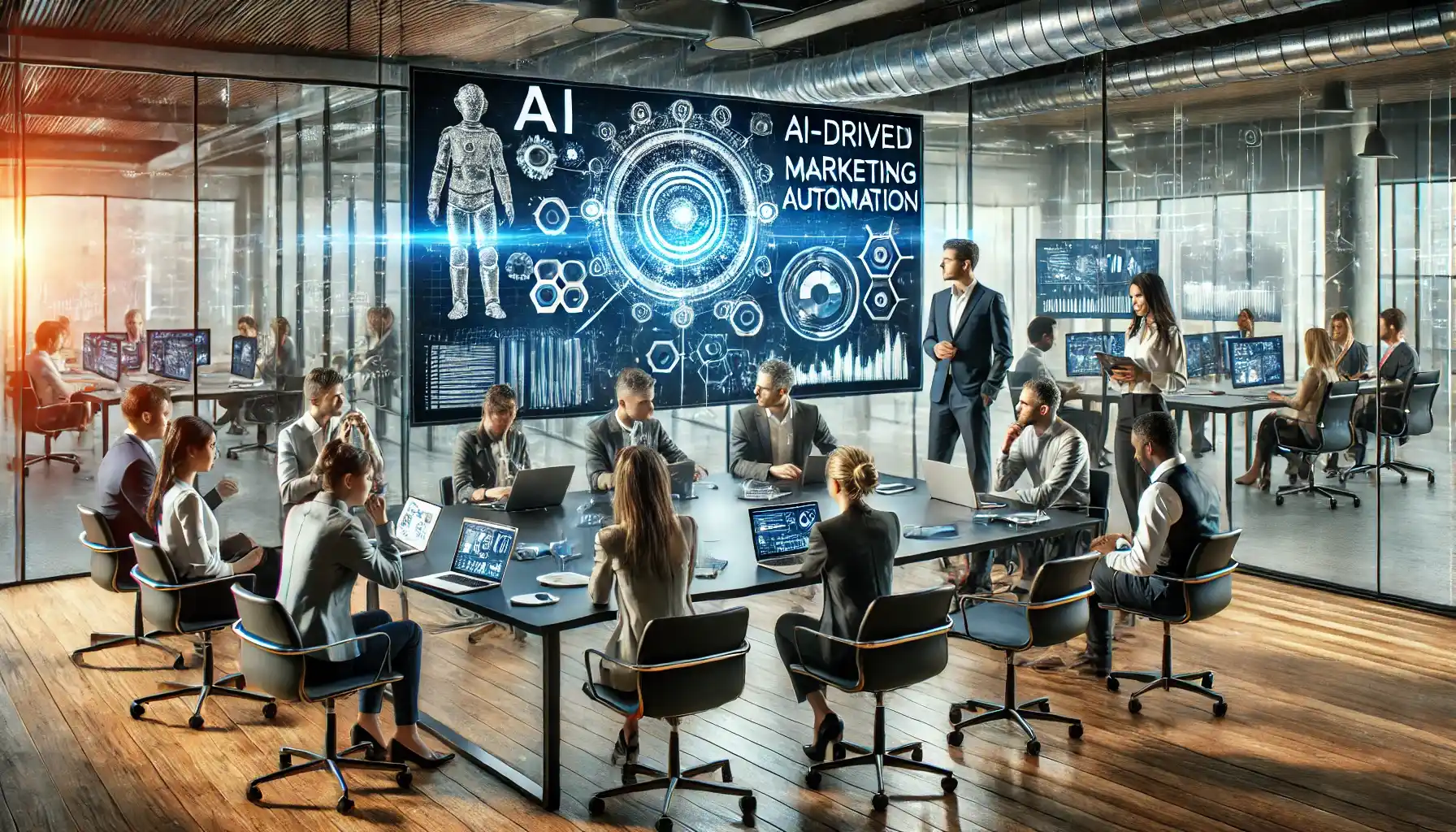 a collaborative meeting focused on AI-driven marketing automation in a modern workspace. 
