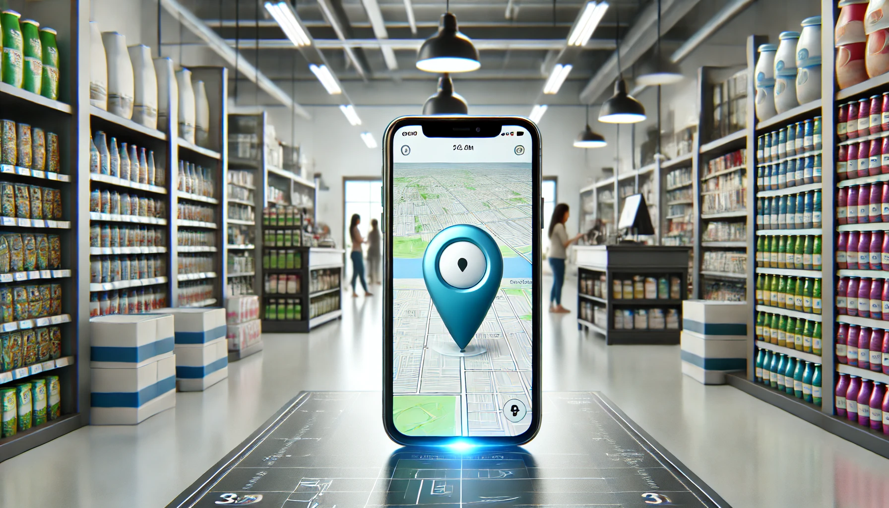 A modern store with sleek shelves and bright lighting serves as the backdrop for a smartphone prominently displayed in the foreground, featuring a location-tracking app on its screen.