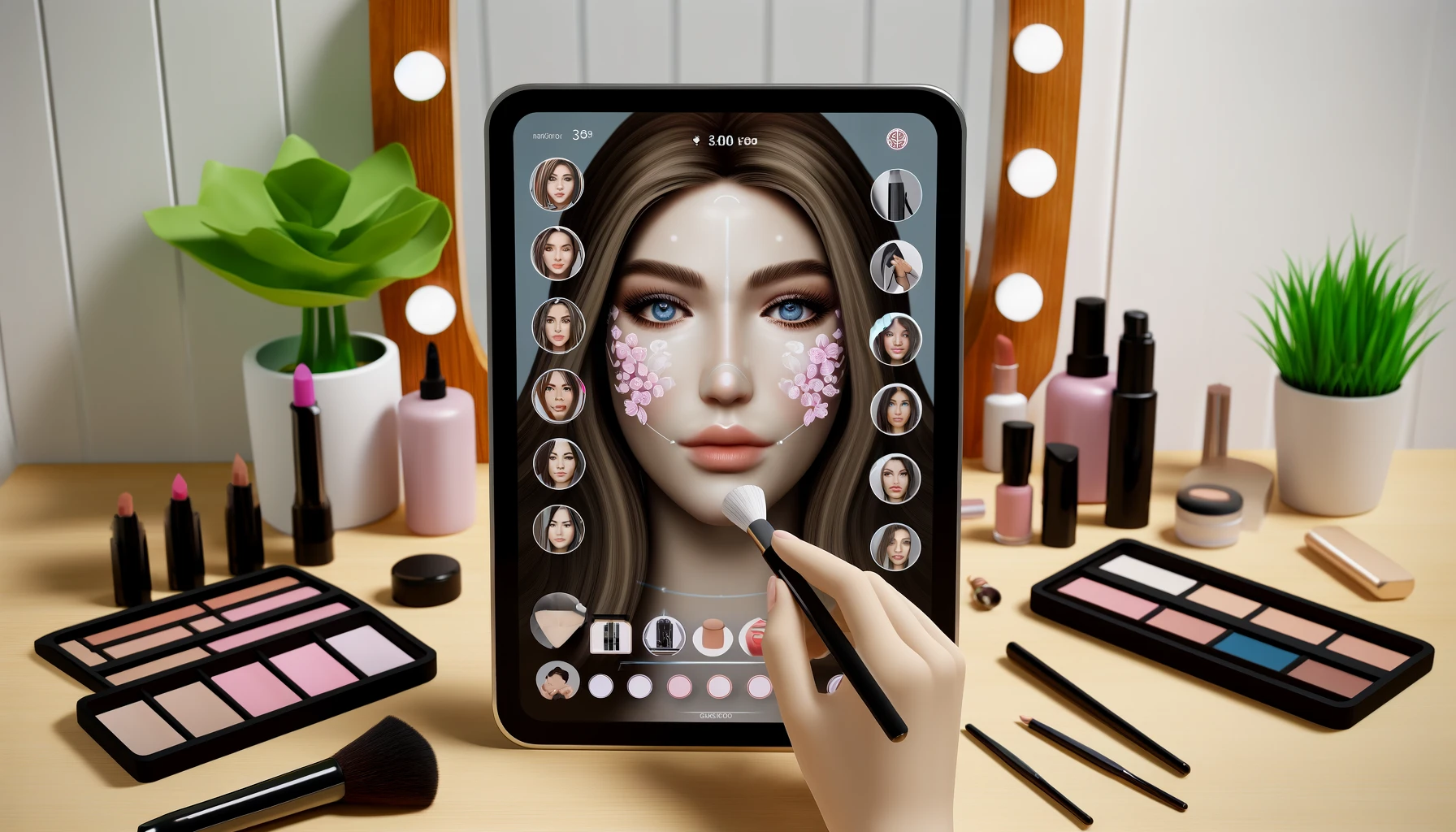 A virtual makeup try-on application displayed on a tablet screen.
