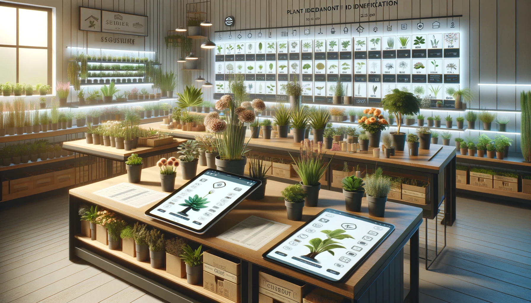 A modern plant nursery. The nursery features a variety of labeled plants and flowers in pots, with a digital tablet on a counter displaying a plant identification app.