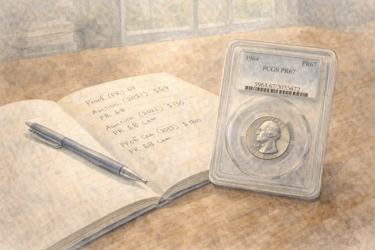 collector’s setup on the table featuring handwritten notes and a protected 2020 valuable quarter.