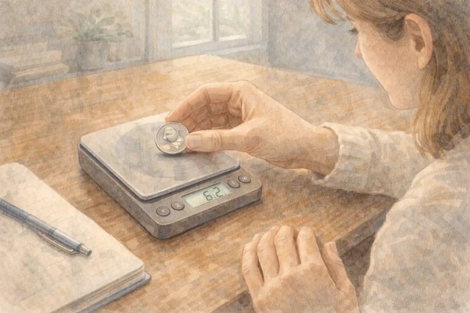 A woman weighs a valuable 2020 quarter on a digital scale.