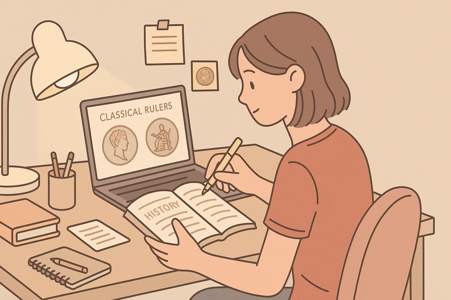 A teenager learns about classical rulers and observes coins created by them.